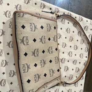 MCM Women's Beige Leather shoulder Bag Iconic Logo Print dustbag with free gifts